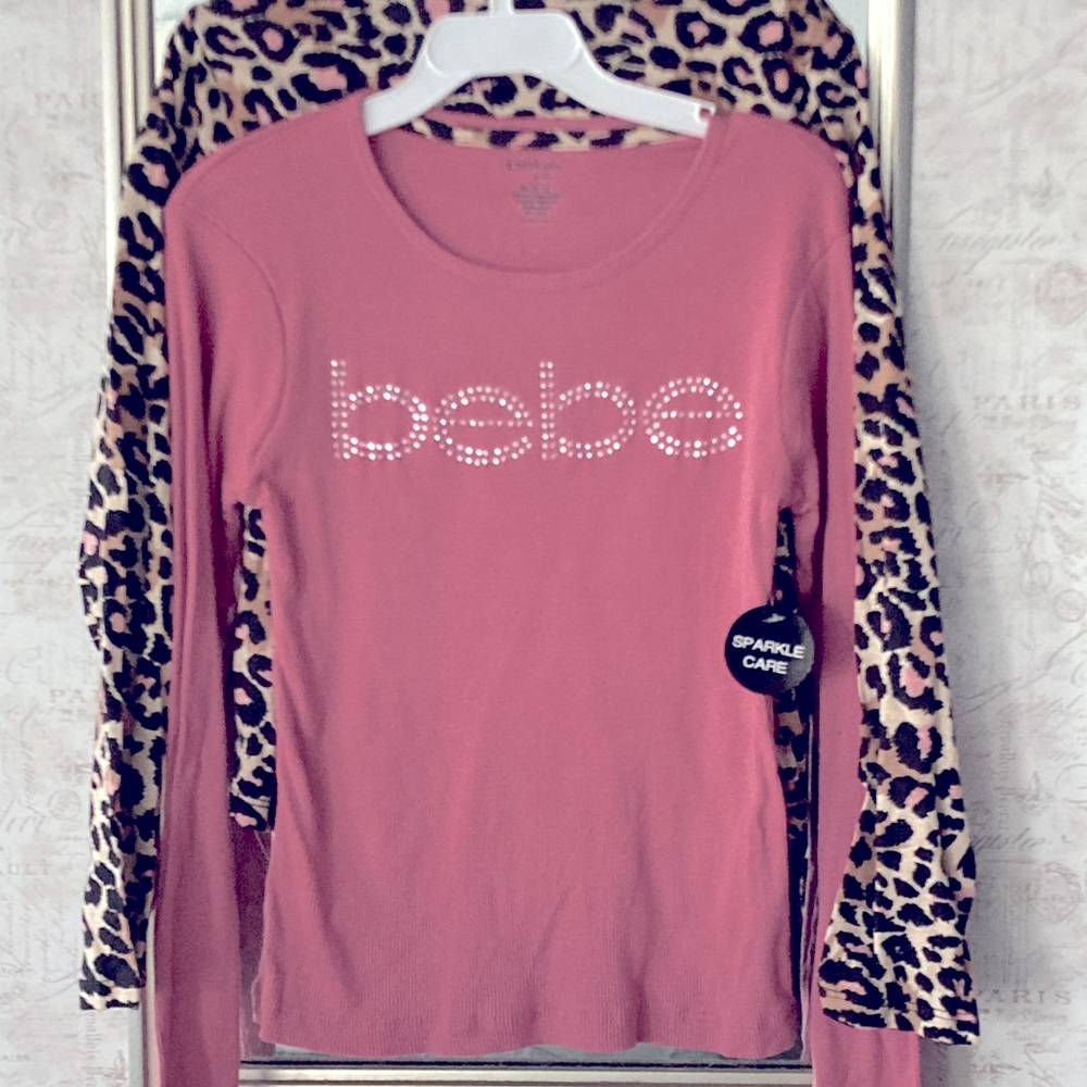 Bebe's Girl's Animal Print Tops - 2 Shirts Pink and Leopard - Bebe 10/12 M